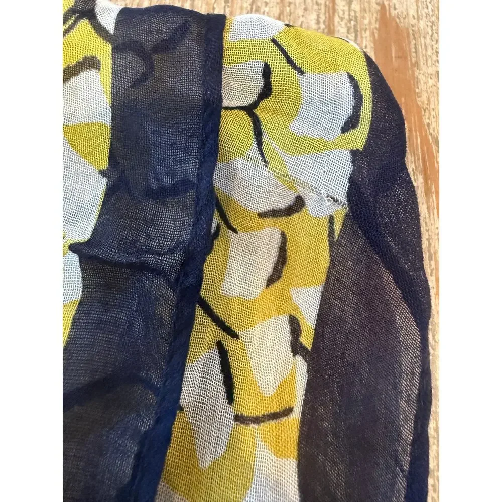 Ann Taylor Soft Travel Scarf Yellow Navy Blue Print Tassel Detail